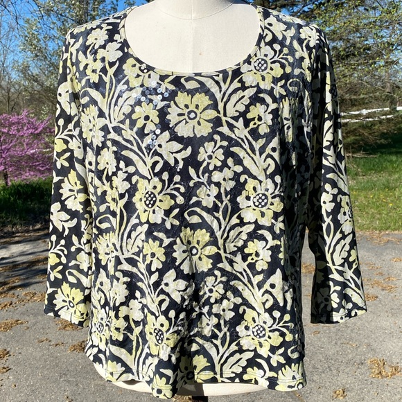 Jones New York Tops - Jones New York women' Top 1X clear sequin Black/Lt Citron 3/4 sleeve Boxy blouse